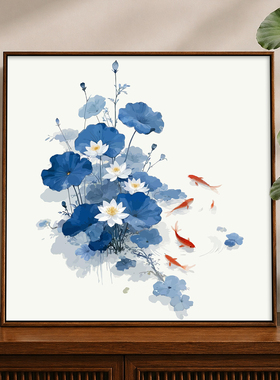 荷花锦鲤数字油画DIY填充色手绘