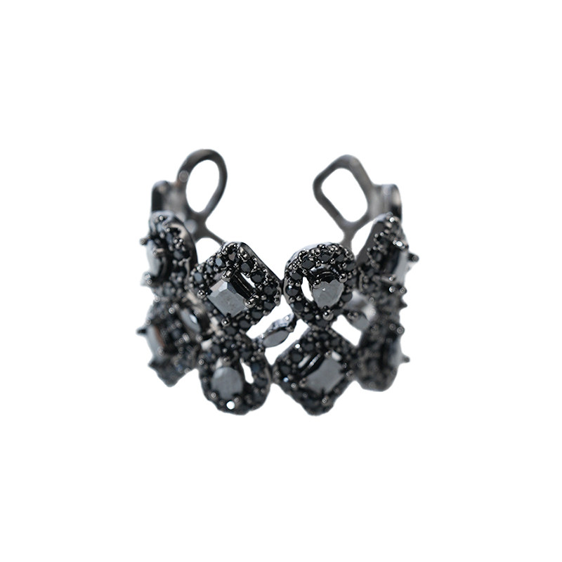 “即幻”欧美黑色宽面蕾丝镂空镶钻戒指开口可调节轻奢时尚指环女,淘宝优惠券,粉丝福利购,淘宝优惠卷