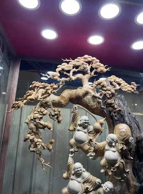 香樟木五福临门弥勒佛实木根雕供奉客厅中式艺术品玄关风水摆件