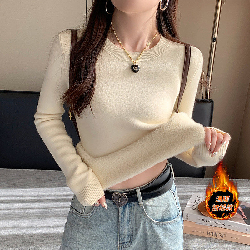 圆领加绒毛衣女2025新款秋冬季加厚水貂绒内搭打底衫白色针织上衣,淘宝优惠券,粉丝福利购,淘宝优惠卷