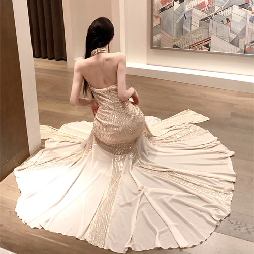 新娘婚礼订婚晚宴生日超仙法式亮片婚纱高级晚礼服香槟色金色 - 图0