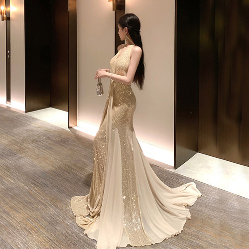新娘婚礼订婚晚宴生日超仙法式亮片婚纱高级晚礼服香槟色金色 - 图1