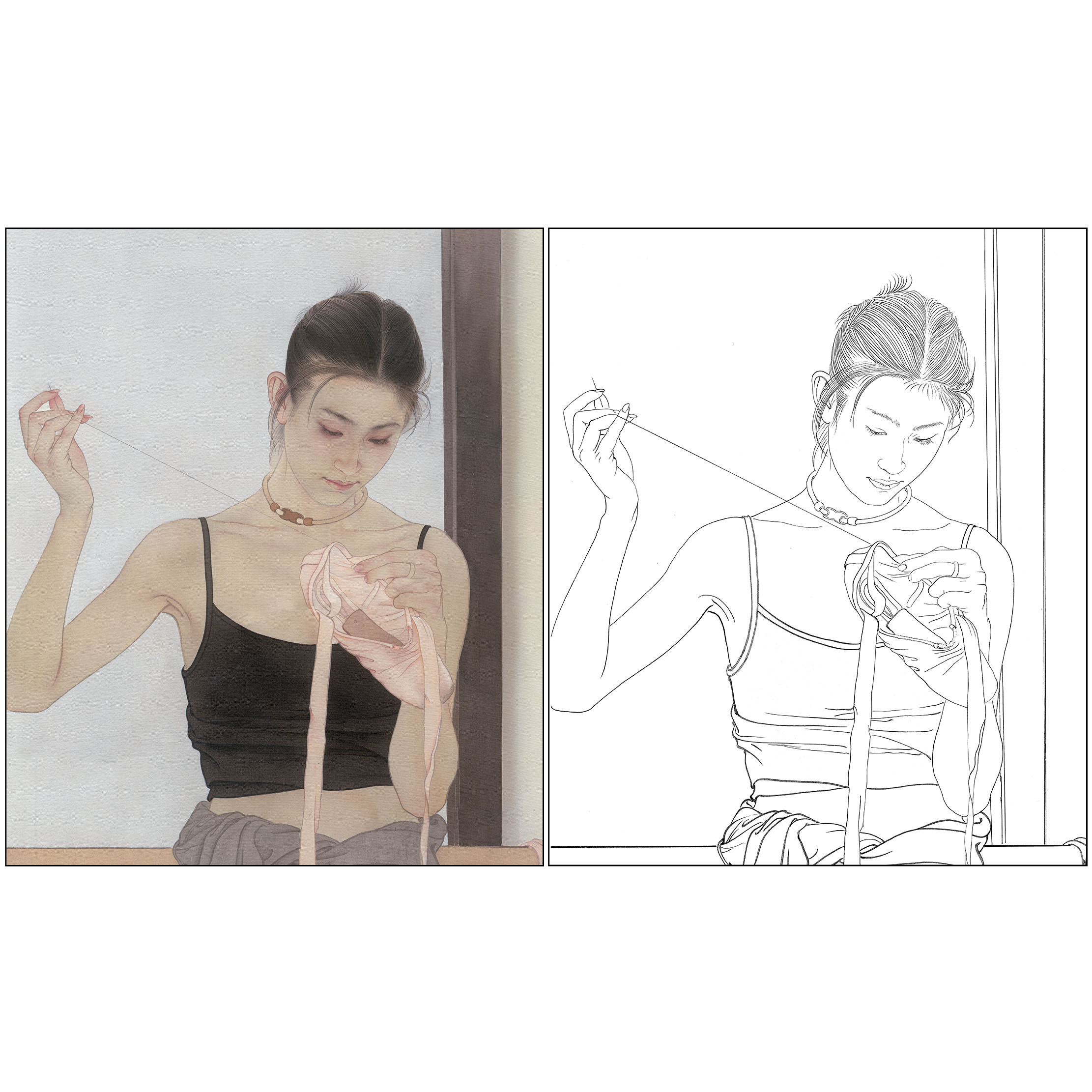 何家英《舞之憩》局部白描线稿工笔画现代人物实物打印线稿Q039 - 图2