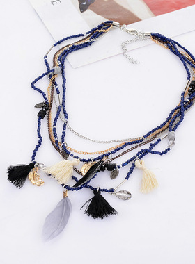 波西米亚民族风长款羽毛多层项链