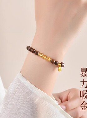 2026新中式天然金丝檀木手串黄塔晶女木质文玩佛珠檀香手链水晶转