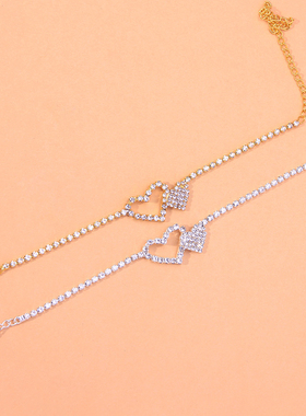 New Rhinestone Double Heart Anklets for Women Bling Hollow