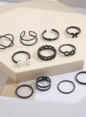12Pc/Set Punk Black Finger Rings Set Butterfly Snake Pearl
