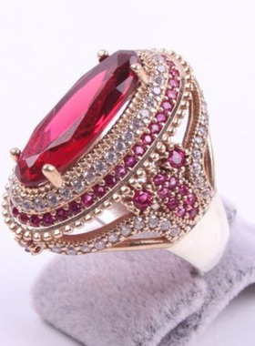 Gorgeous Large Oval Red Stone Ring Luxury Filled CZ Wedding