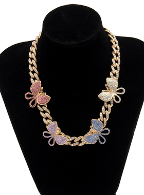 Punk Crystal Miami Cuban Chain Butterfly Necklace for Women