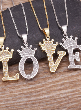 Fashion Luxury A-Z Crown Alphabet Pendant Chain Necklace