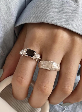 Sterling Silve Black Zircon Ring Texture For Women Girl