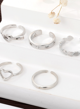 Fashion Metal Heart Rings Set Silver Color Hollow Pearl