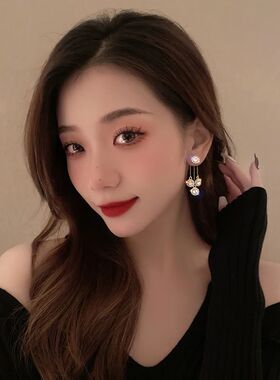 Round Rhinestone Tassel Dangle Stud Earrings For Women