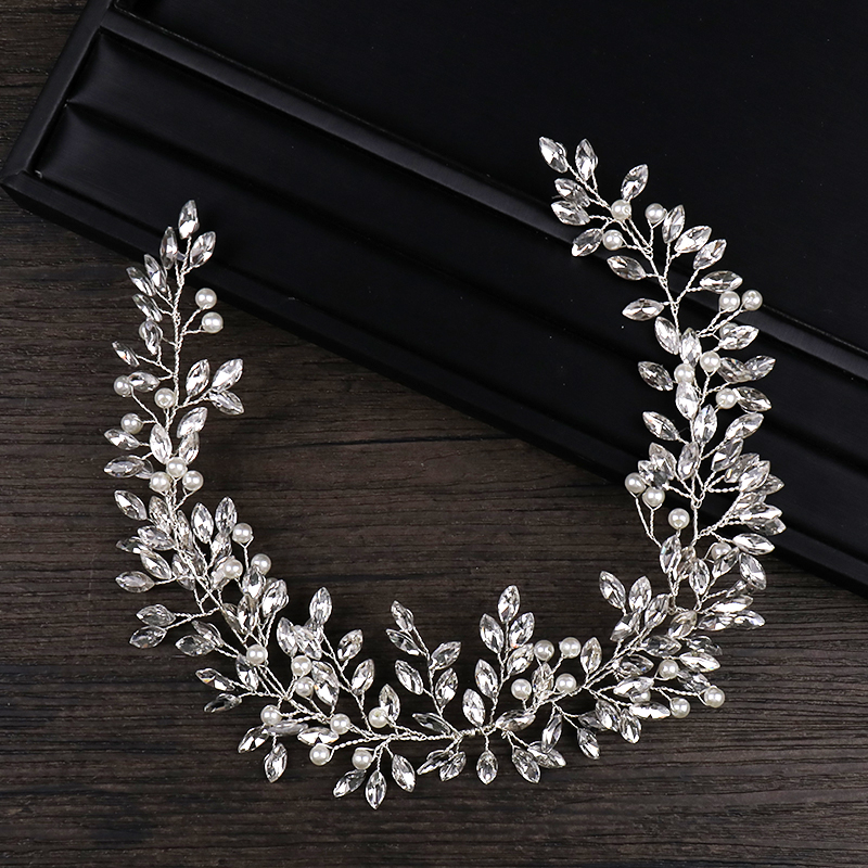 AiliBride Pearl Crystal Headband Wedding Hair Vine Tiara - 图0