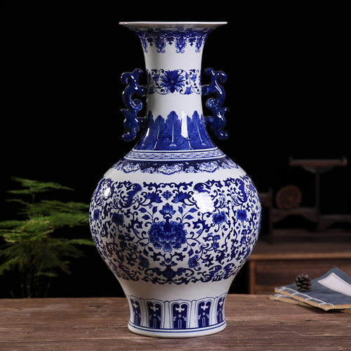 陶瓷手绘青花花瓶景德镇中式缠枝莲大花瓶酒店客厅中式摆件工艺品 - 图1