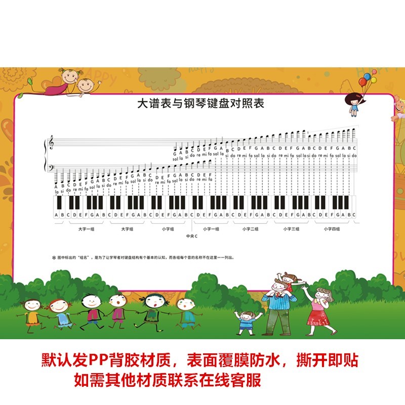 五线谱大谱表挂图琴房钢琴键盘对照表家用88键钢琴音符表墙贴纸 - 图0