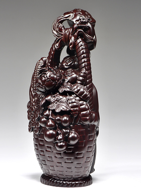 黑檀实木质雕刻花篮大丰收摆件家居客厅玄关电视柜装饰红木工艺品