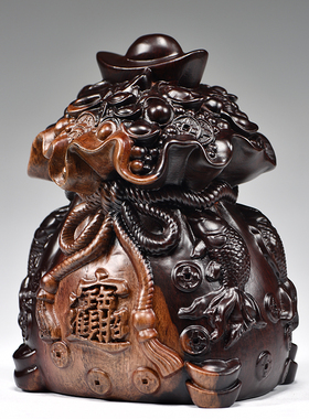 黑檀木雕刻福袋子摆件实木钱袋家居客厅装饰品红木工艺品开业送礼