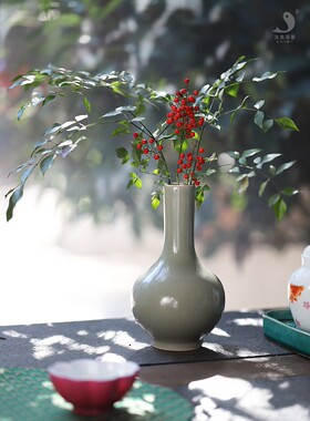 大鱼美器 青绿天球瓶 景德镇手工陶瓷花瓶茶席花样板间茶空间花器