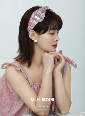 ins韩版温柔粉红格子蝴蝶结发箍女时尚简约百搭气质洗脸头箍发饰