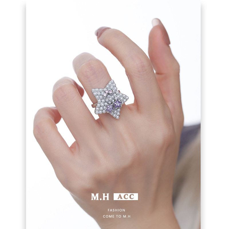 Pearl five-pointed star ring for women, light luxury niche original design, high-end index finger ring, sweet, cool and versatile open ring