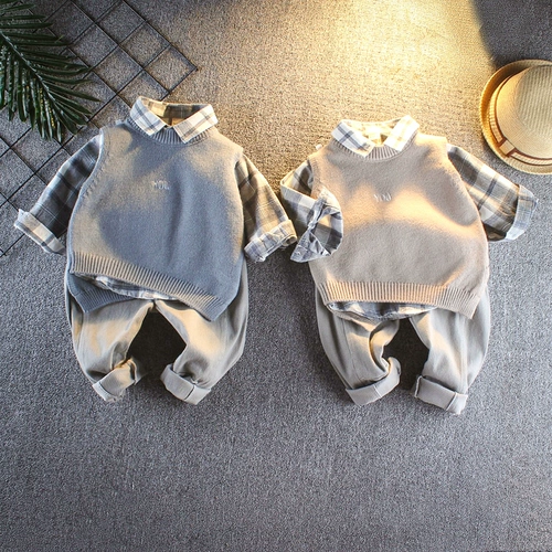 Осенний детский трикотажный свитер для мальчиков, жилет, комплект для раннего возраста, детская одежда, в западном стиле, 3 предмета, в корейском стиле