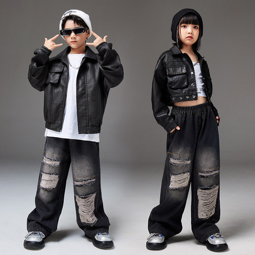 街舞儿童潮服嘻哈皮衣外套男童套装hiphop童装炸街演出服走秀爵士 - 图2