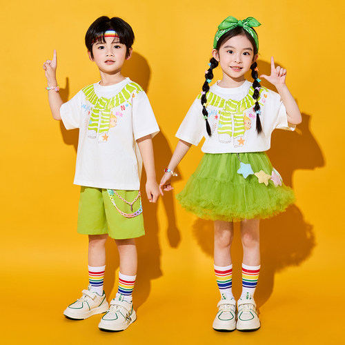 六一儿童演出服小学生运动会啦啦操班服合唱表演卡通T恤 绿色纱裙 - 图2