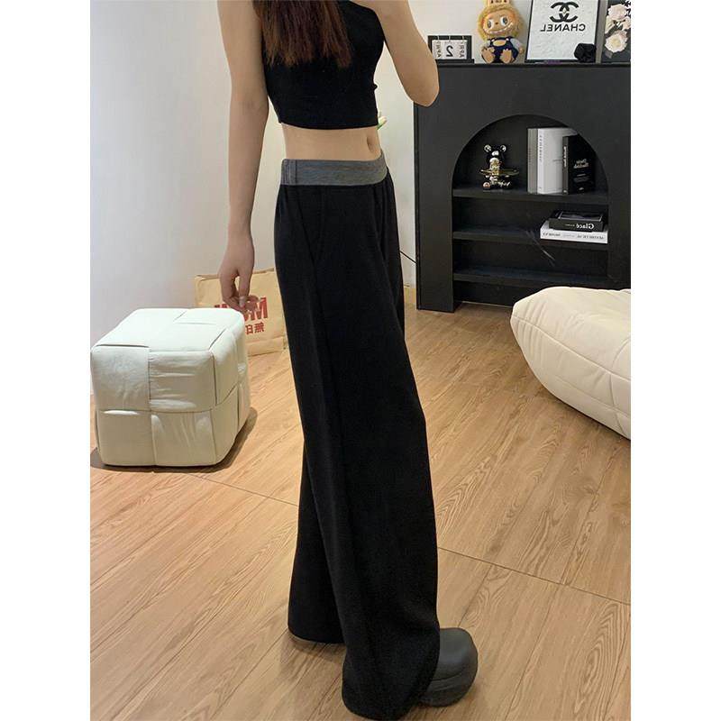 香港黑色拼接休闲运动裤女秋冬加绒胖mm高腰宽松显瘦阔腿拖地裤子,淘宝优惠券,粉丝福利购,淘宝优惠卷