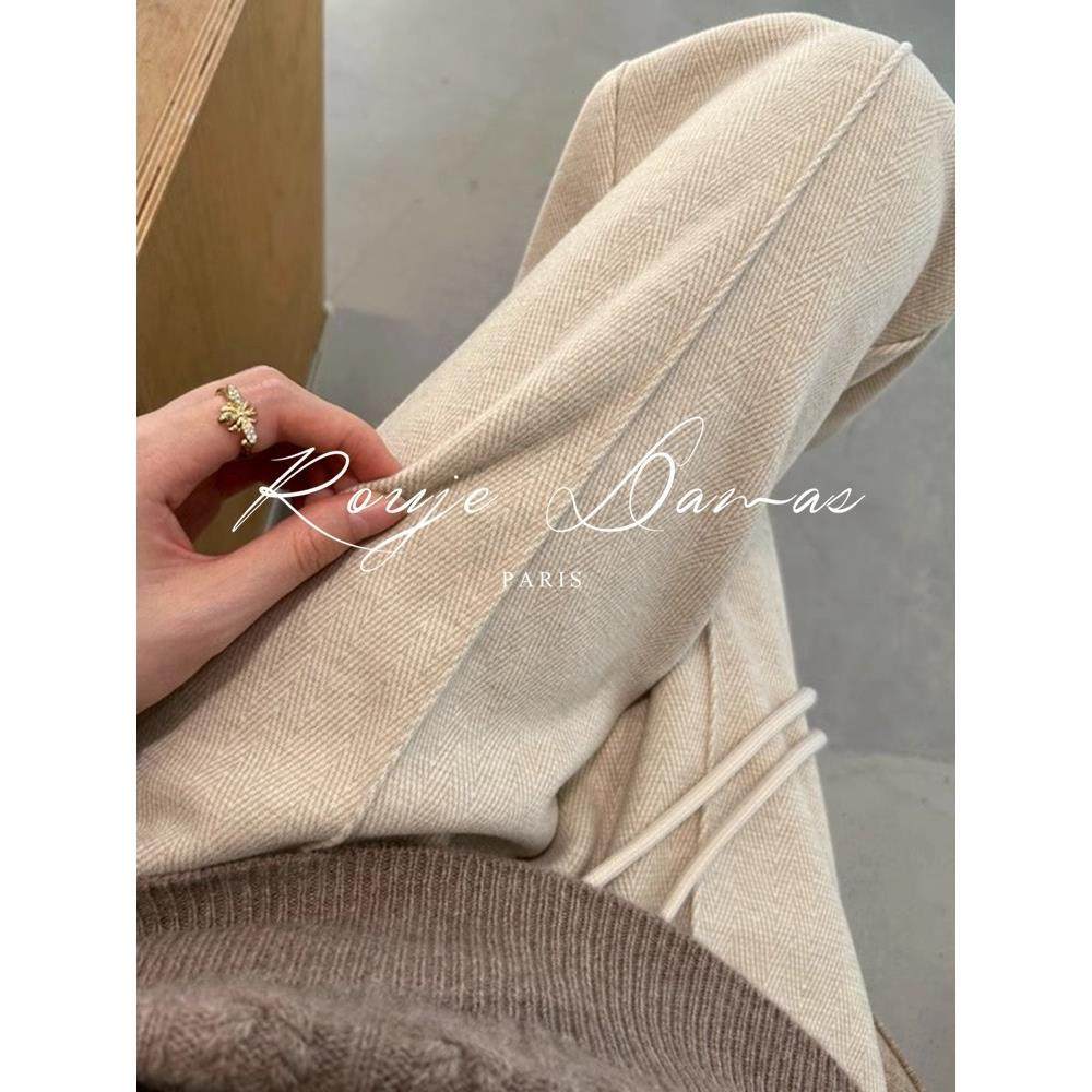 Rouje Damas加绒窄版阔腿裤女装高腰垂感羊毛呢裤人字纹直筒裤子,淘宝优惠券,粉丝福利购,淘宝优惠卷