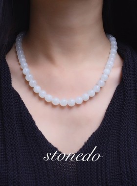 Stonedo天然和田白玉羊脂玉10mm+珠子s925银包k金扣头项链