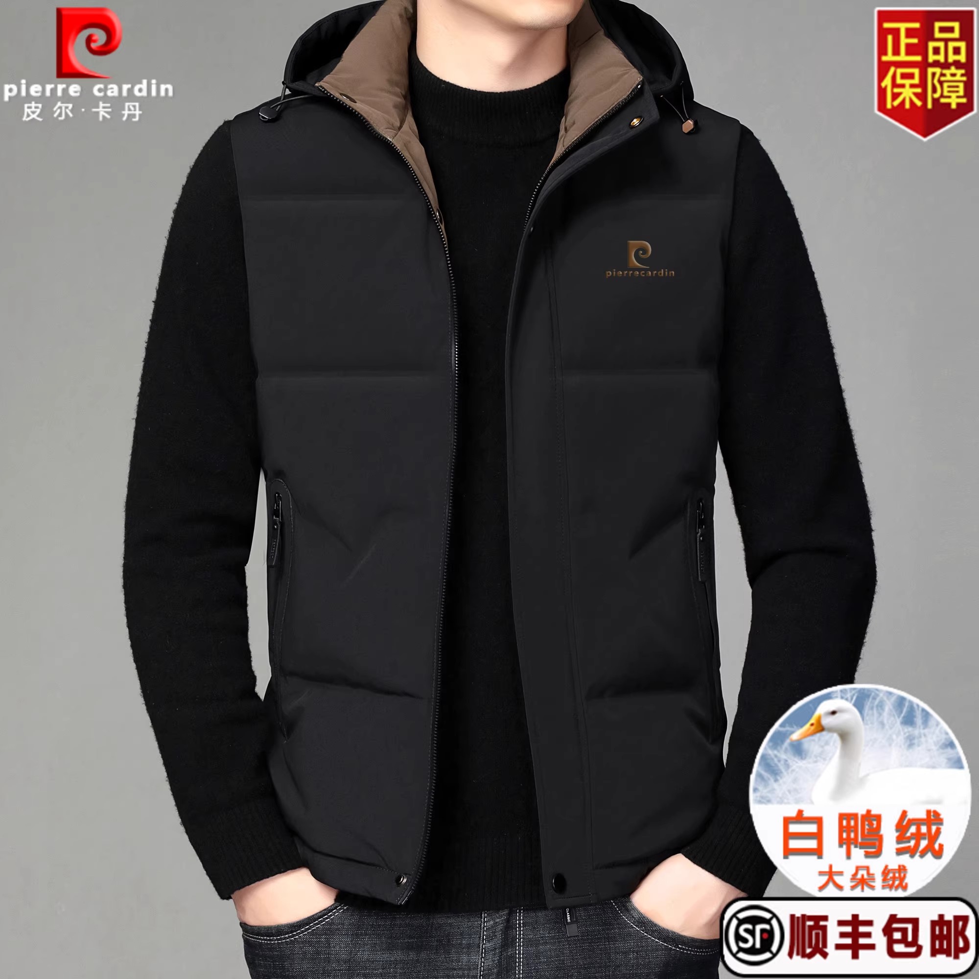 皮尔卡丹高档男士秋冬羽绒马甲高端休闲立领可拆卸帽轻薄保暖外套 - 图0