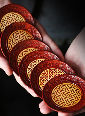 康御红紫檀X黄杨如意祥云茶杯垫