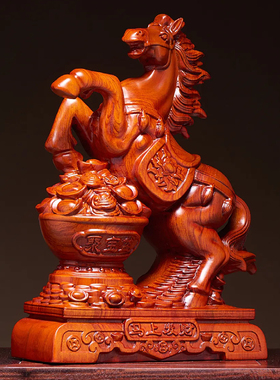 花梨木雕马上发财摆件高端大气