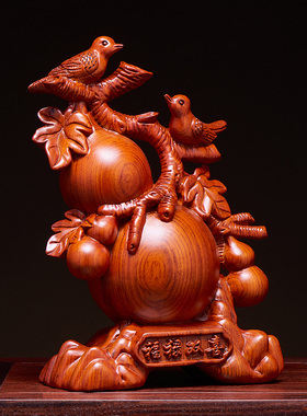 木雕葫芦摆件实木质福禄双喜办公室酒柜装饰客厅家居中式乔迁送礼