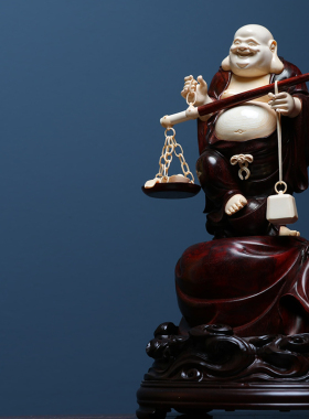 印度小叶紫檀嵌猛犸牙弥勒佛佛像称心如意摆件清刀雕刻红木笑佛像