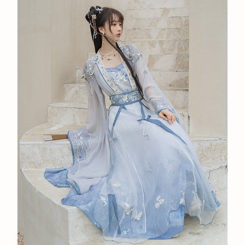 云藏月绣蝶羽原创魏晋风南北朝大袖齐腰汉服古装女装蓝色款改良国 - 图3