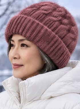 老人保暖帽子女式中老年人冬季奶奶妈妈加绒毛线盆帽老太太戴棉帽