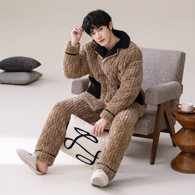珊瑚绒睡衣男秋冬季加绒加厚三层夹棉青少年冬天保暖家居服两件套,淘宝优惠券,粉丝福利购,淘宝优惠卷