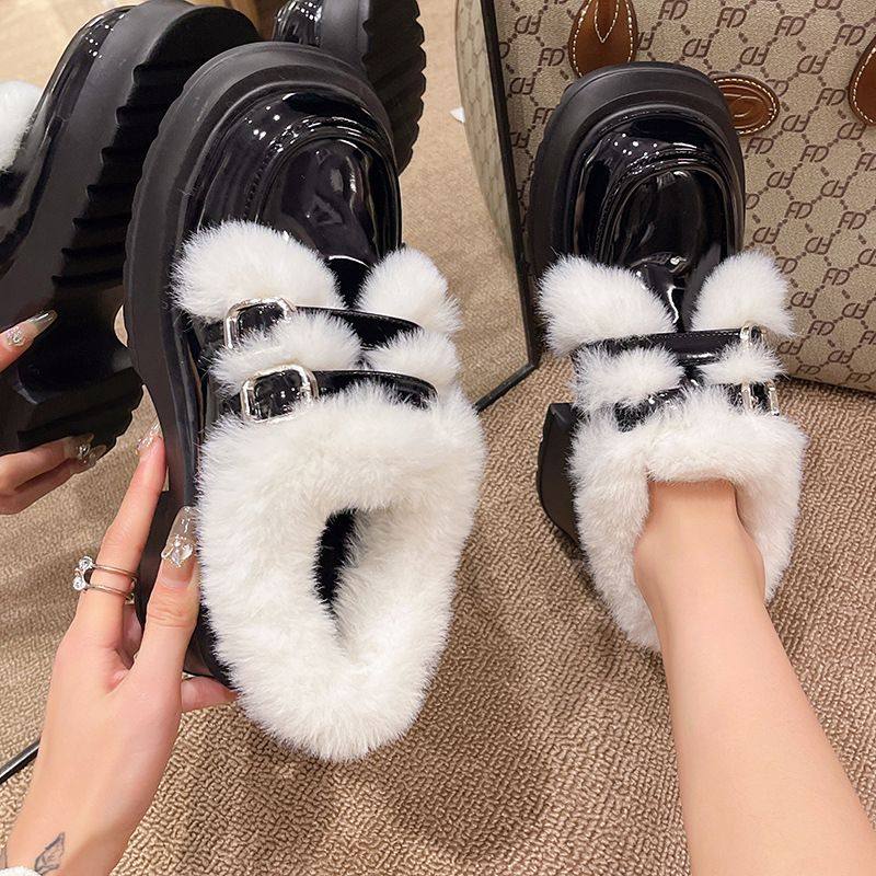 黑色小皮鞋女冬季加绒保暖法式高跟玛丽珍鞋粗跟厚底乐福鞋毛毛鞋,淘宝优惠券,粉丝福利购,淘宝优惠卷