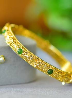 铜镶嵌和田玉碧玉花丝手镯