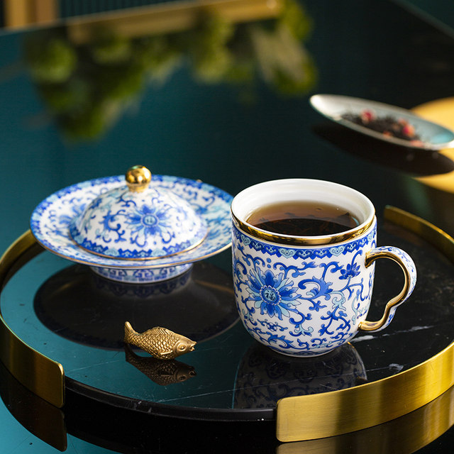 ຊຸດຈອກແມ່ບົດ lotus enamel ສີຟ້າແລະສີຂາວ