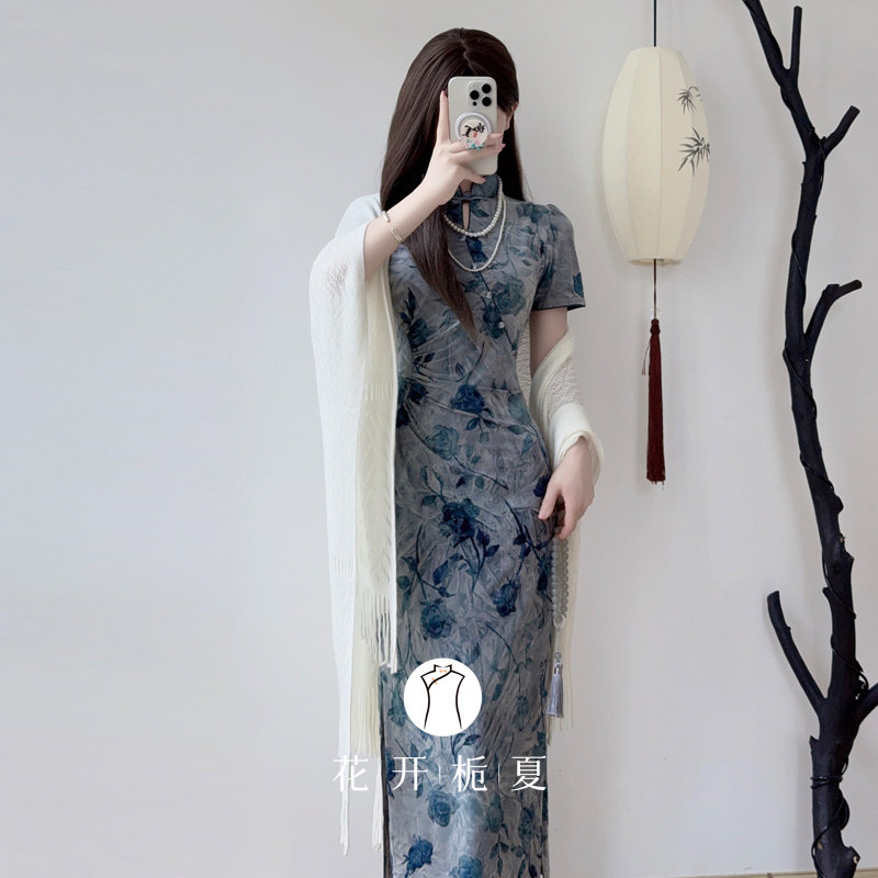 新中式国风蓝色素雅旗袍弹力修身显瘦2025巨好看少女连衣裙8/18,淘宝优惠券,粉丝福利购,淘宝优惠卷