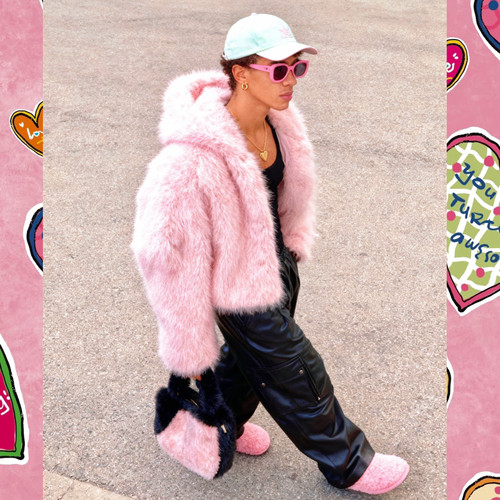 BUDDYBODY美式嘻哈宽松仿狐狸毛环保皮草粉色短款连帽毛毛外套 - 图3