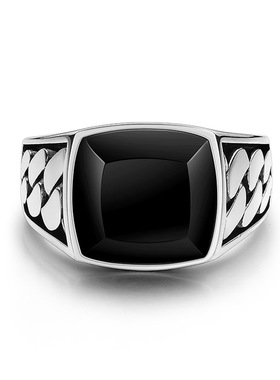 跨境仿黑玛瑙戒指男士古巴链个性设计开口尾戒食指戒百搭高级感