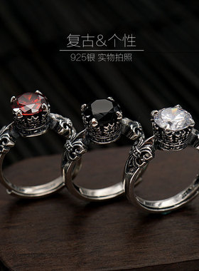 bugiel钛钢戒指皇冠仿黑玛瑙钻复古霸气男女情侣大钻中指食指活口