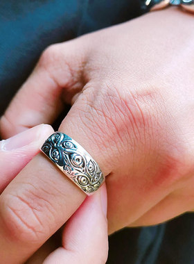 千叶上帝上帝之眼开口戒指环个性男女复古光面简约可作尾戒指银饰