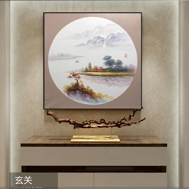 手绘油画新中式客厅沙发背景墙挂画餐厅装饰画山水风景画背有靠山