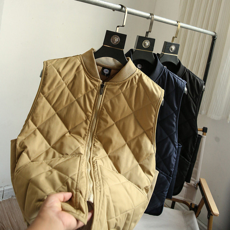 秋冬新款日系街头复古纯色菱格绗棉男士时尚棒球领棉马甲背心外套,淘宝优惠券,粉丝福利购,淘宝优惠卷