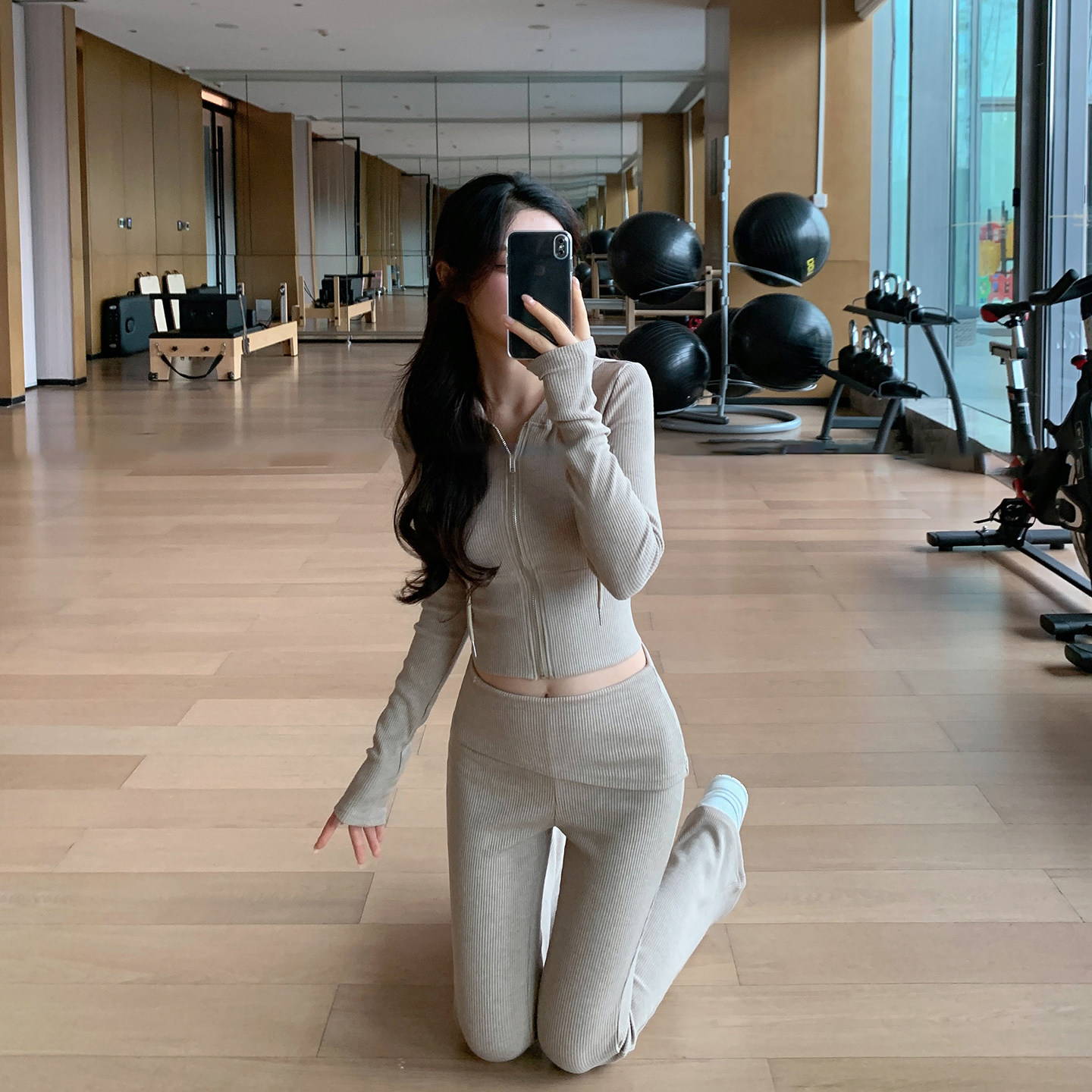 Byurun新款螺纹连帽卫衣外套瑜伽套装女假两件蜜桃臀喇叭裤两件套,淘宝优惠券,粉丝福利购,淘宝优惠卷